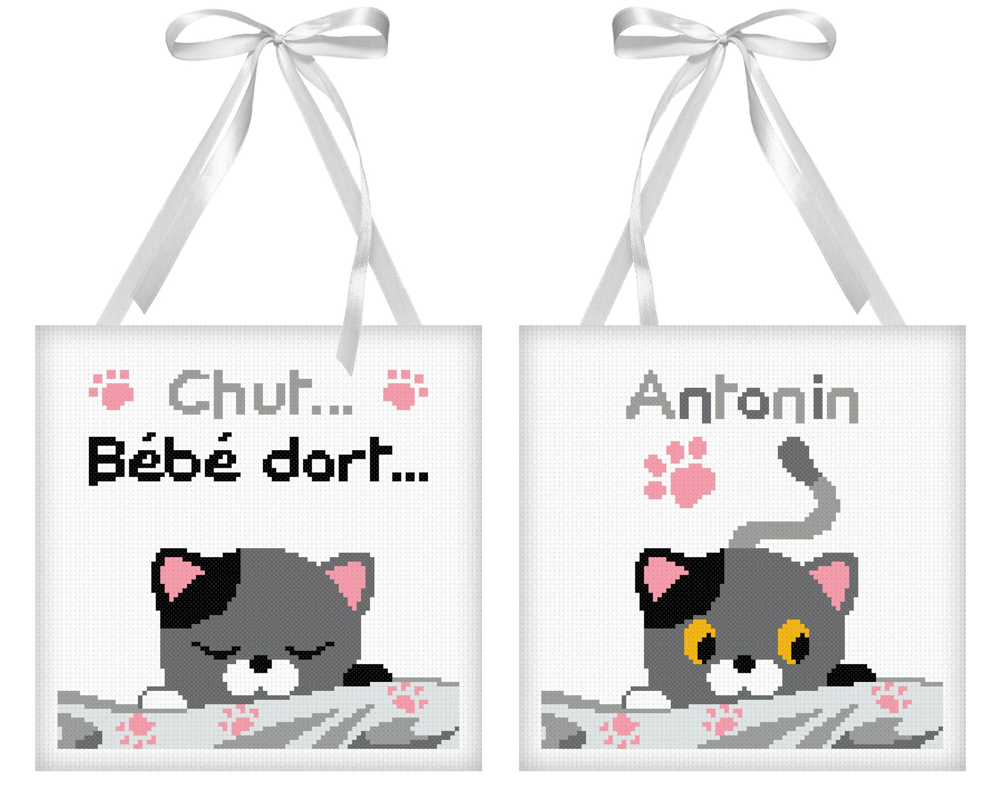 Kit de punto de cruz Cojín de Puerta Gatitos de Princesse con gatitos infantiles, huellas rosas y cinta para colgar en la puerta.
