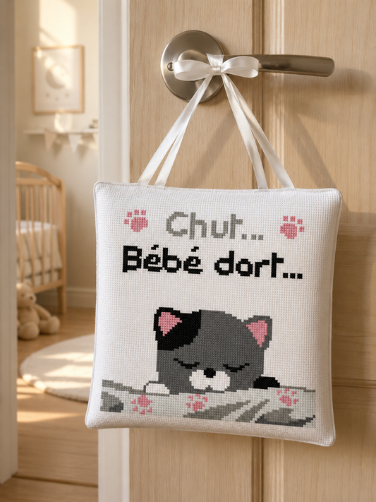 Kit de punto de cruz Cojín de Puerta Gatitos de Princesse con gatitos infantiles, huellas rosas y cinta para colgar en la puerta.