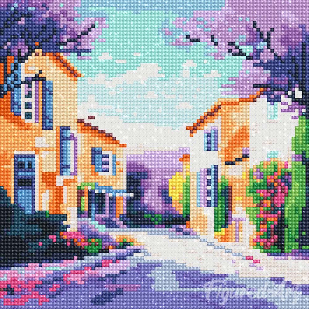 Kit de punto diamante Figured’Art Primavera en la Provenza 25x25 cm con paisaje de pueblo provenzal y diamantes redondos.