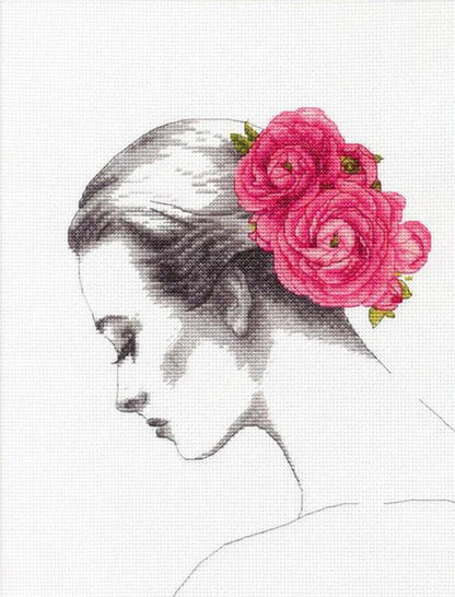 Kit de punto de cruz Dimensions Retrato Floral 70-35379 con diseño floral y retrato sobre tela Aida 14 ct y hilos mouliné de algodón.