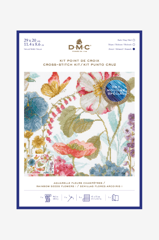 Kit de punto de cruz "Acuarela de Flores Campestres" de DMC, diseño de flores silvestres con efecto de acuarela, ideal para bordado artístico y decoración.