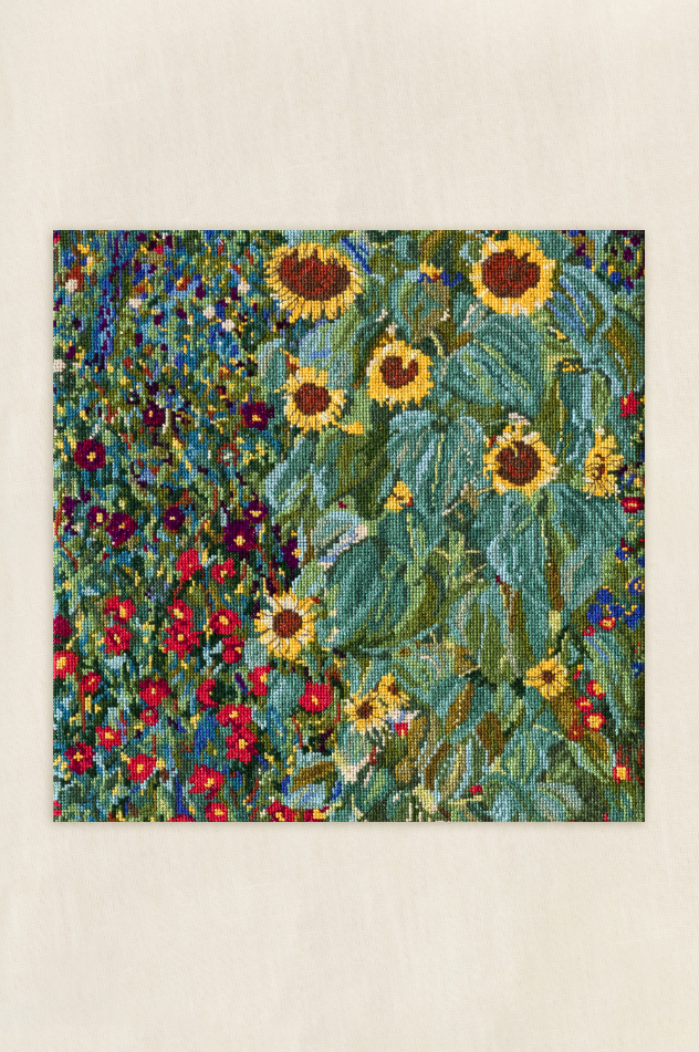 Kit de punto de cruz "Jardín con Girasoles" de DMC inspirado en Gustav Klimt, diseño vibrante y artístico de flores, ideal para bordado decorativo y aficionados al arte.