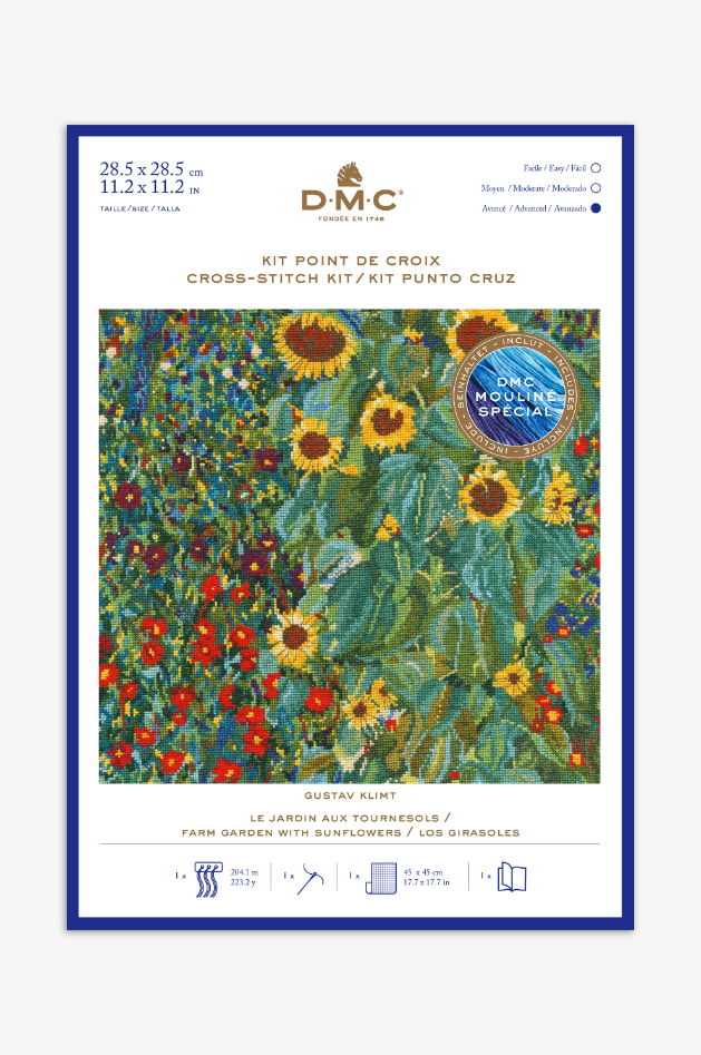 Kit de punto de cruz "Jardín con Girasoles" de DMC inspirado en Gustav Klimt, diseño vibrante y artístico de flores, ideal para bordado decorativo y aficionados al arte.