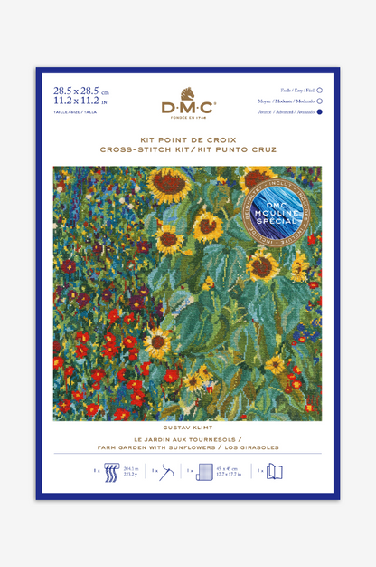 Kit de punto de cruz "Jardín con Girasoles" de DMC inspirado en Gustav Klimt, diseño vibrante y artístico de flores, ideal para bordado decorativo y aficionados al arte.