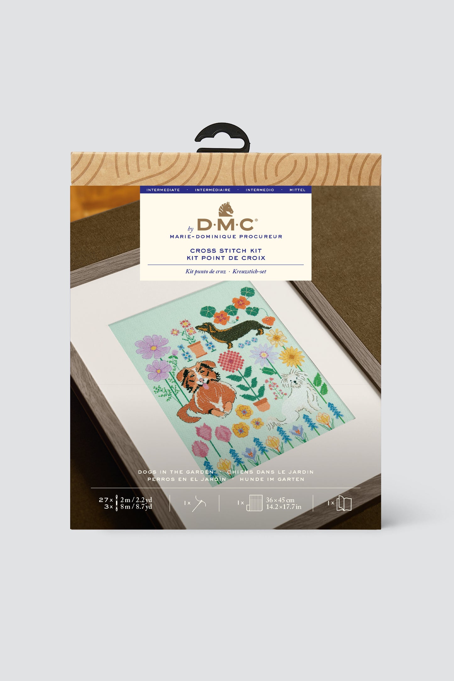 Kit de Punto de Cruz DMC "Perros en el Jardín" - Colección Diseñadoras