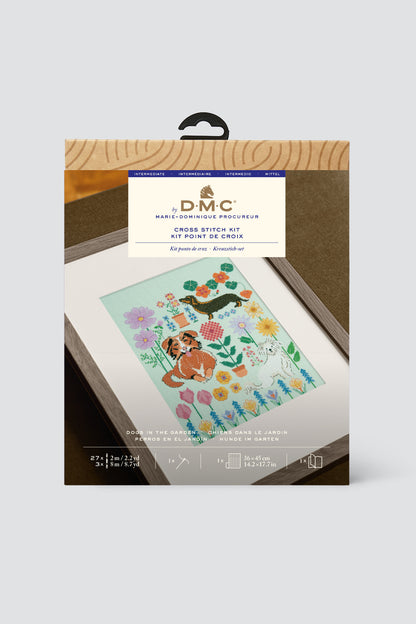 Kit de Punto de Cruz DMC "Perros en el Jardín" - Colección Diseñadoras
