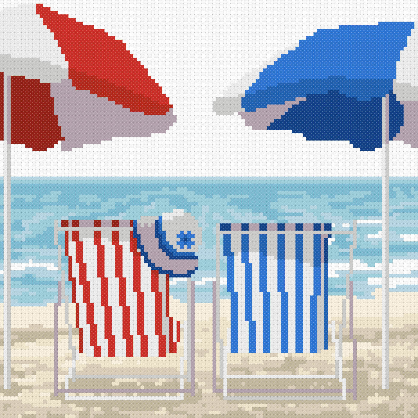 Kit de punto de cruz Dúo Junto al Mar de Marie Coeur con diseño marinero de tumbonas, sombrillas, playa y mar en tonos azules y rojos.
