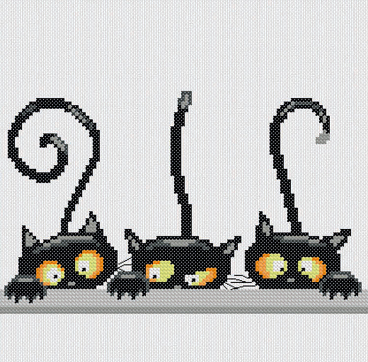 Kit de punto de cruz Gatos Curiosos de Princesse con tres gatos negros y grises asomándose con ojos amarillos sobre tela Aida blanca.