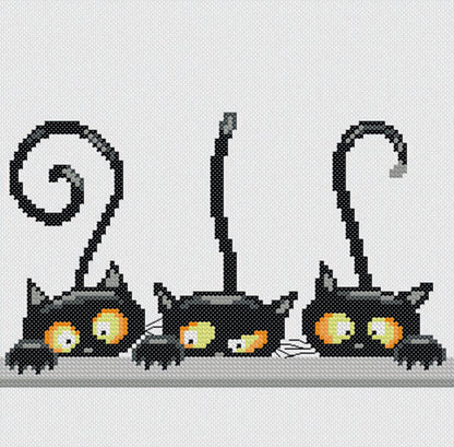Kit de punto de cruz Gatos Curiosos de Princesse con tres gatos negros y grises asomándose con ojos amarillos sobre tela Aida blanca.