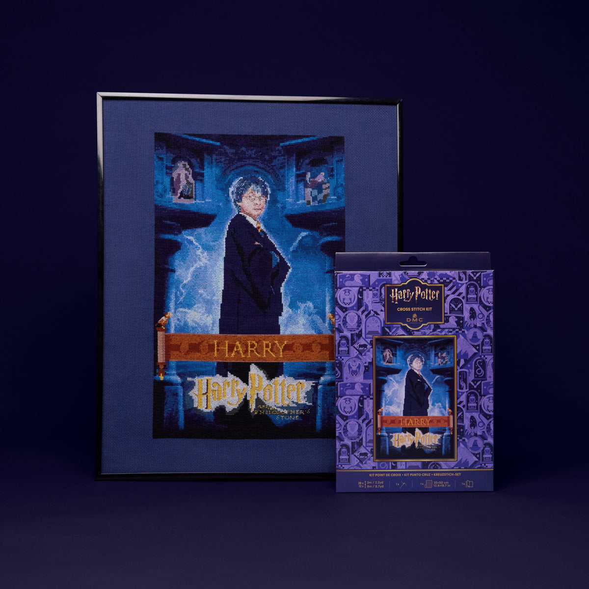 Kit de punto de cruz Harry Potter DMC con cuadro bordado del póster de Harry Potter y la piedra filosofal sobre tela Aida azul marino.