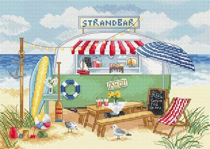 Kit de punto de cruz Letistitch Strandbar, chiringuito de playa con toldo de rayas, hamaca y gaviotas en la arena