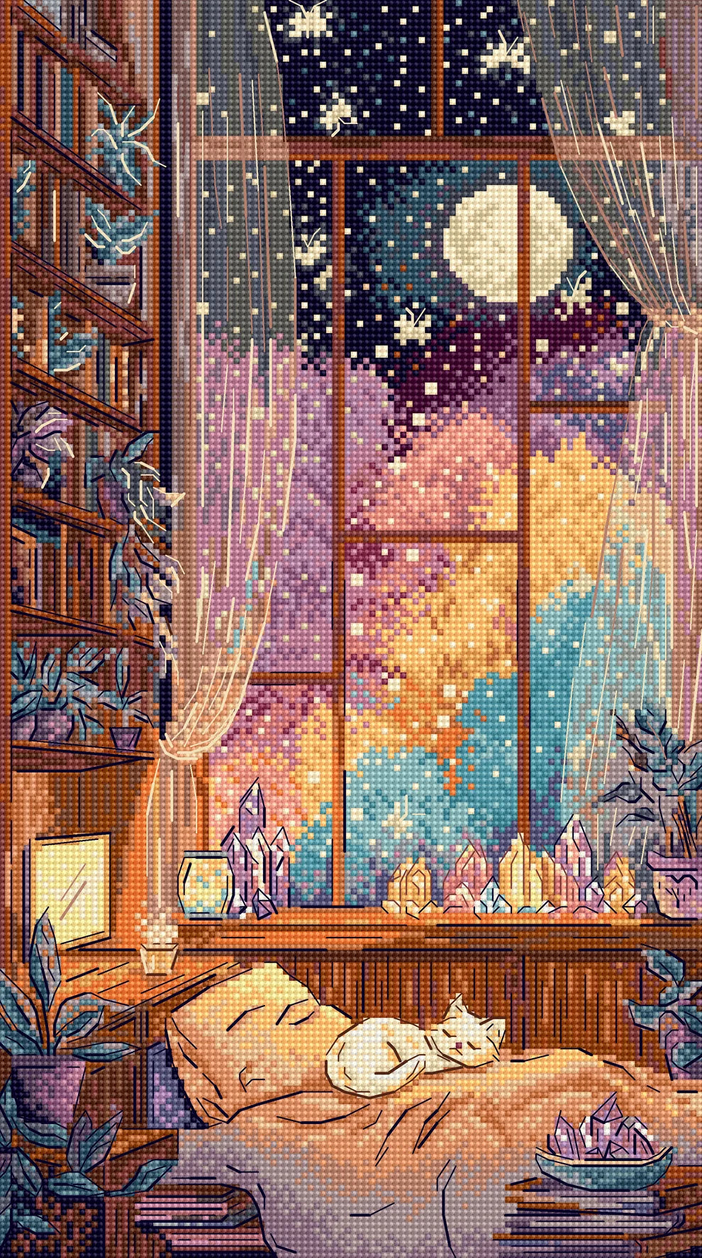 Kit de punto de cruz Letistitch Crystal Moonlight, gato blanco dormido junto a un ventanal con luna y cristales