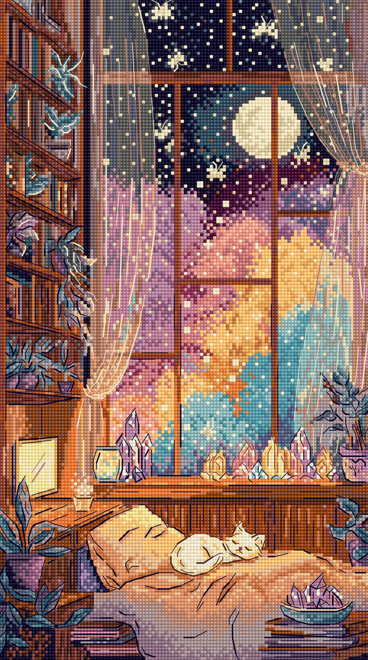 Kit de punto de cruz Letistitch Crystal Moonlight, gato blanco dormido junto a un ventanal con luna y cristales