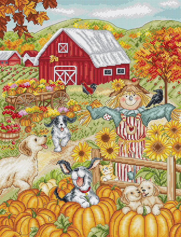 Kit de punto de cruz Letistitch “Granja en Otoño” con paisaje rural otoñal, tela Aida 16ct blanca y 55 colores de hilos de algodón de Luca-S.