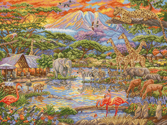 Kit de punto de cruz Letistitch “África Salvaje” con diseño de safari africano: elefantes, jirafas, cebras y leopardos. Incluye tela Aida, hilos y aguja.