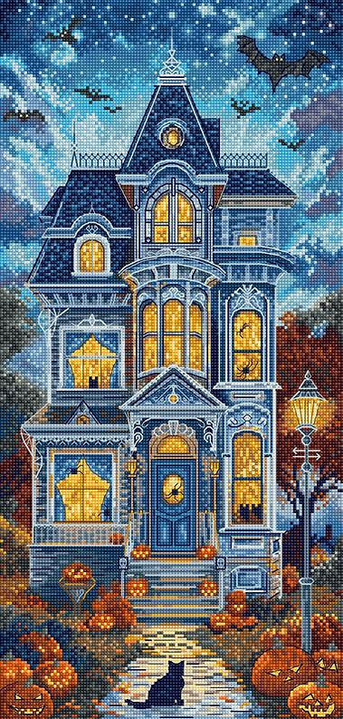 Kit de punto de cruz Letistitch “Mansión Encantada” con mansión gótica, calabazas, gato negro y murciélagos. Incluye tela Aida, hilos y aguja.