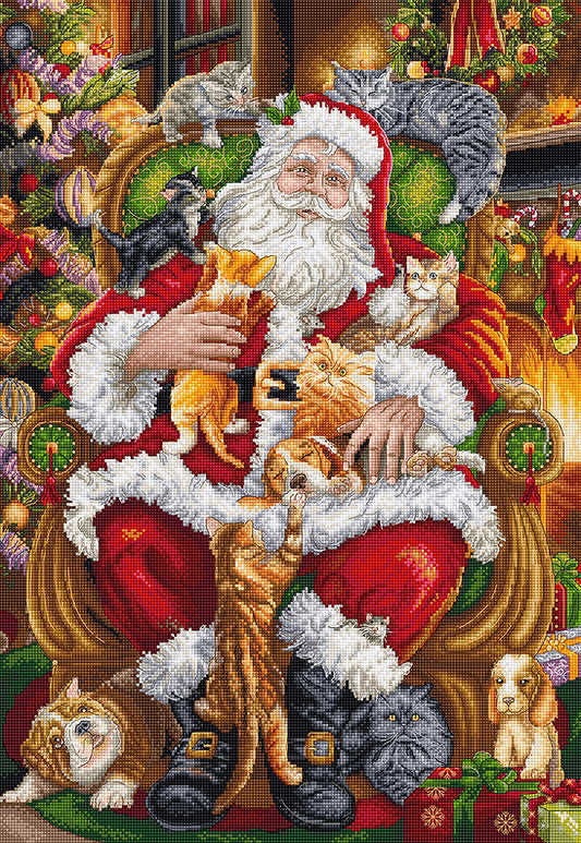 Kit de punto de cruz Letistitch “Cachorros y Regalos” con Santa Claus, cachorros, gatitos, chimenea y árbol navideño. Incluye tela Aida, hilos y aguja.