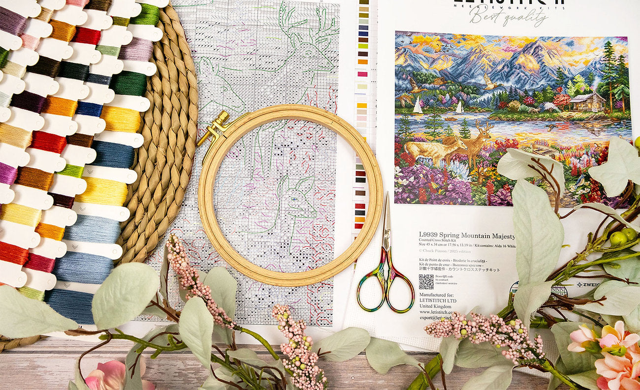 Kit de punto de cruz Letistitch “Spring Mountain Majesty” con paisaje montañoso primaveral, 63 colores de hilo y tela blanca Aida 16ct de alta calidad.