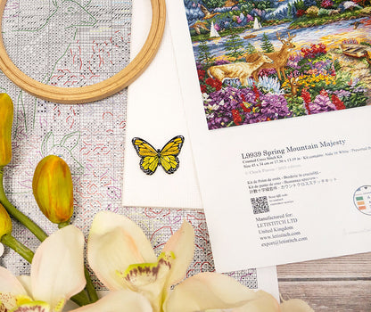 Kit de punto de cruz Letistitch “Spring Mountain Majesty” con paisaje montañoso primaveral, 63 colores de hilo y tela blanca Aida 16ct de alta calidad.