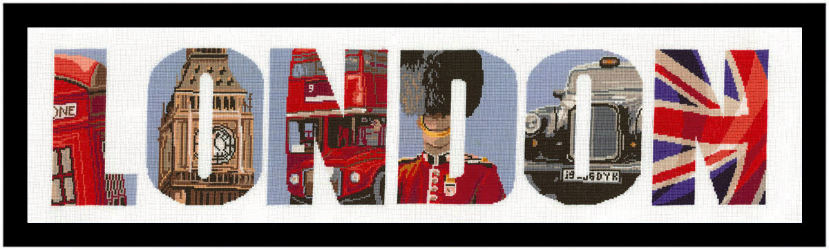 Kit de punto de cruz Londres de Marie Coeur con diseño panorámico de iconos londinenses como Big Ben, autobús rojo y bandera británica.