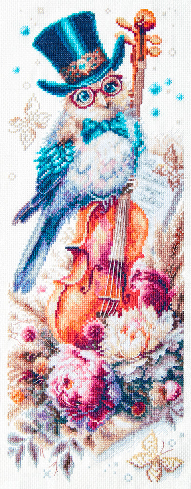 Kit de punto de cruz Magic Needle Art of Music con búho vestido de gala tocando un violín entre peonías