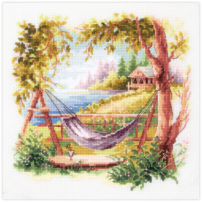 Kit de punto de cruz Magic Needle "Take Time to Relax" con diseño de hamaca entre árboles y paisaje con casa del lago para bordado artesanal.