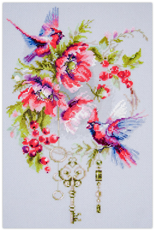 Kit de punto de cruz Magic Needle Keys to be Happy con diseño de pájaros, flores rojas y llaves antiguas en estilo artístico y colorido.