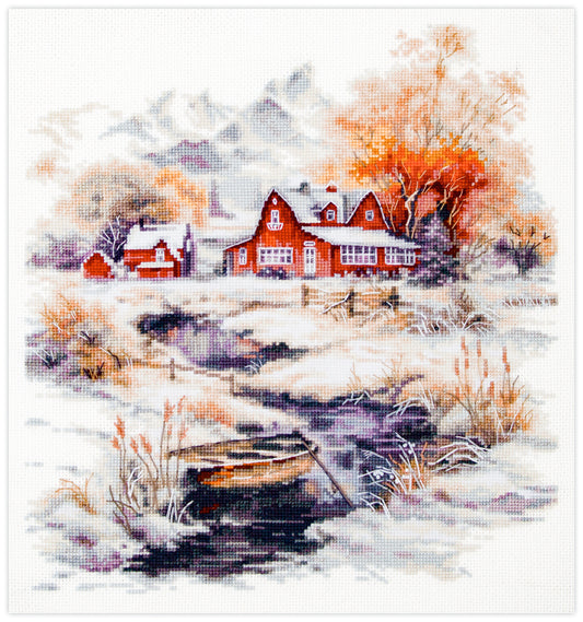 Kit de punto de cruz Magic Needle The Breath of November con diseño de granja roja, río y árboles otoñales cubiertos por la primera nieve para bordado y decoración.