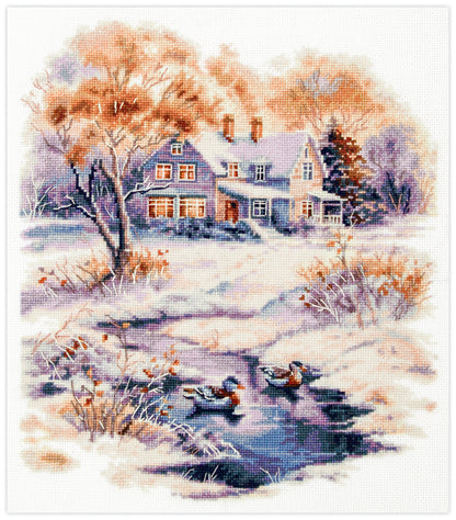 Kit de punto de cruz Magic Needle Early Winter con diseño de casa rural, estanque y patos en un paisaje cubierto por la primera nieve para bordado y decoración.