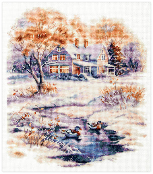 Kit de punto de cruz Magic Needle Early Winter con diseño de casa rural, estanque y patos en un paisaje cubierto por la primera nieve para bordado y decoración.