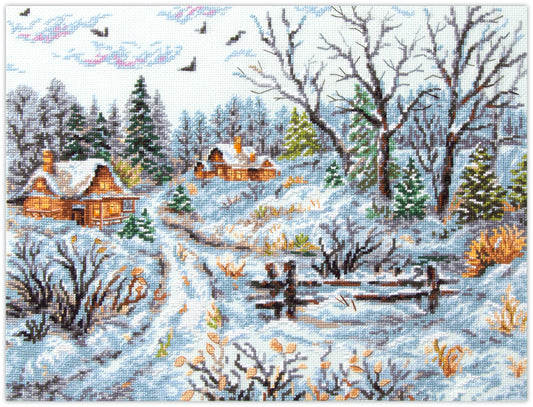 Kit de punto de cruz Magic Needle Frosty Day con diseño de casas de madera entre abetos y árboles nevados, bordado ideal para decoración y paisajes invernales.