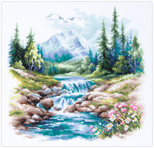Kit de punto de cruz Life Flows con río entre rocas, árboles y montañas en paisaje natural bordado.