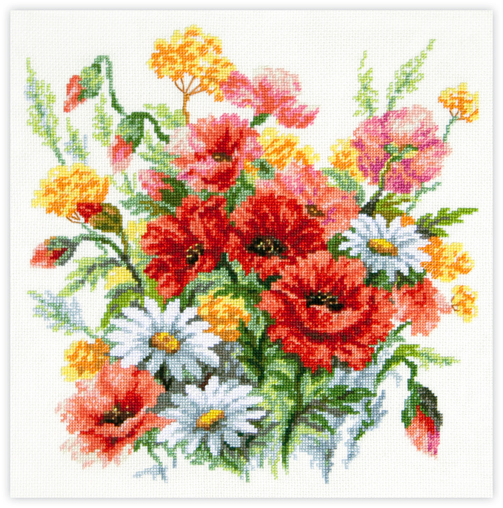Kit de punto de cruz Wildflowers con ramo de flores silvestres coloridas en diseño floral vibrante.