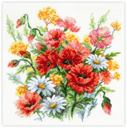 Kit de punto de cruz Wildflowers con ramo de flores silvestres coloridas en diseño floral vibrante.