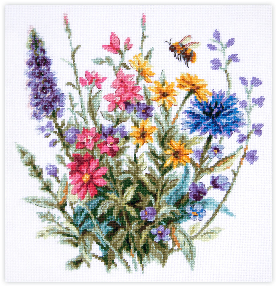 Kit de punto de cruz Summer Palette con ramo de flores de verano multicolor y abeja en diseño floral vibrante.
