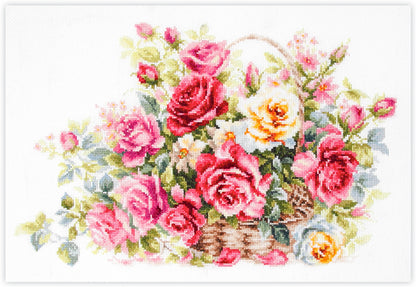 Kit de punto de cruz Magic Needle Cesta de Rosas con diseño floral de cesta llena de rosas en tonos rosados y rojos.