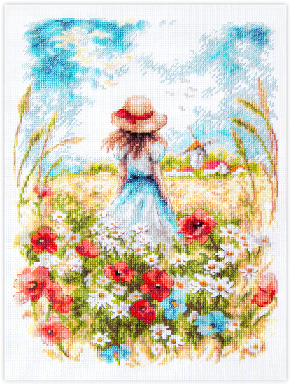 Kit punto de cruz Midsummer Magic Needle con joven de vestido azul y sombrero en un campo de amapolas rojas y margaritas frente a un molino.