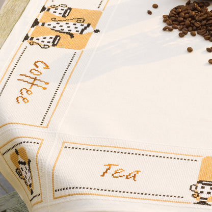 Detalle kit punto de cruz mantel Tea and Coffee con tazas en tela Aida – Vervaco PN-0021725
