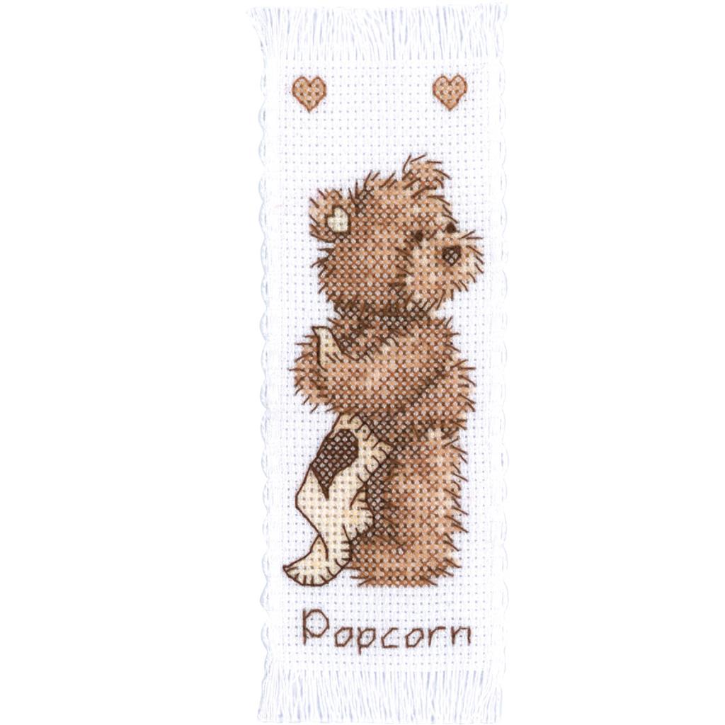 Kit punto de cruz marcapáginas Popcorn the Bear sobre tela Aida blanca – Vervaco PN-0011207