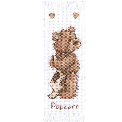 Kit punto de cruz marcapáginas Popcorn the Bear sobre tela Aida blanca – Vervaco PN-0011207