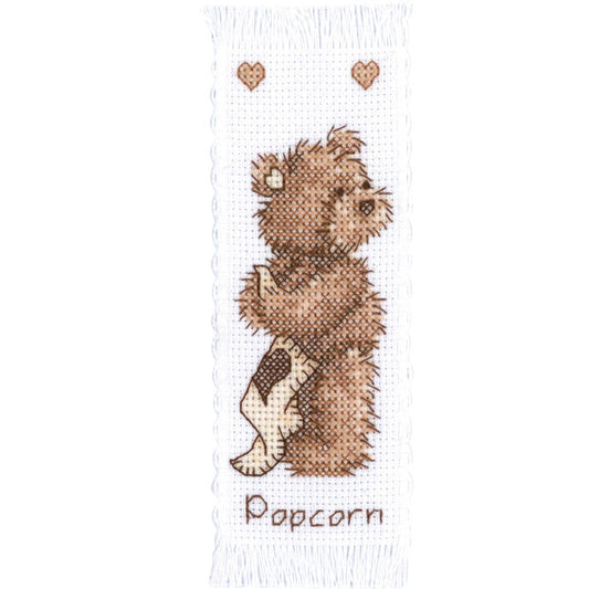 Kit punto de cruz marcapáginas Popcorn the Bear sobre tela Aida blanca – Vervaco PN-0011207