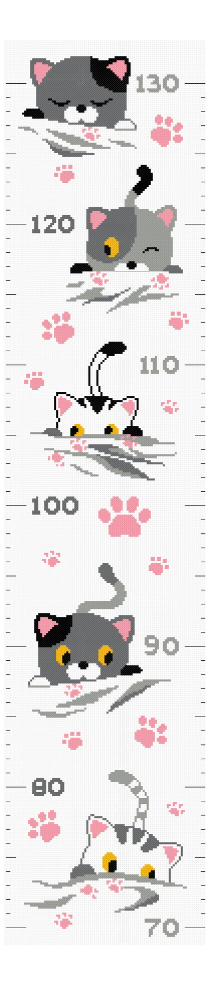 Kit de punto de cruz medidor infantil Gatitos de Princesse con gatitos, huellas rosas y escala de altura para niños.