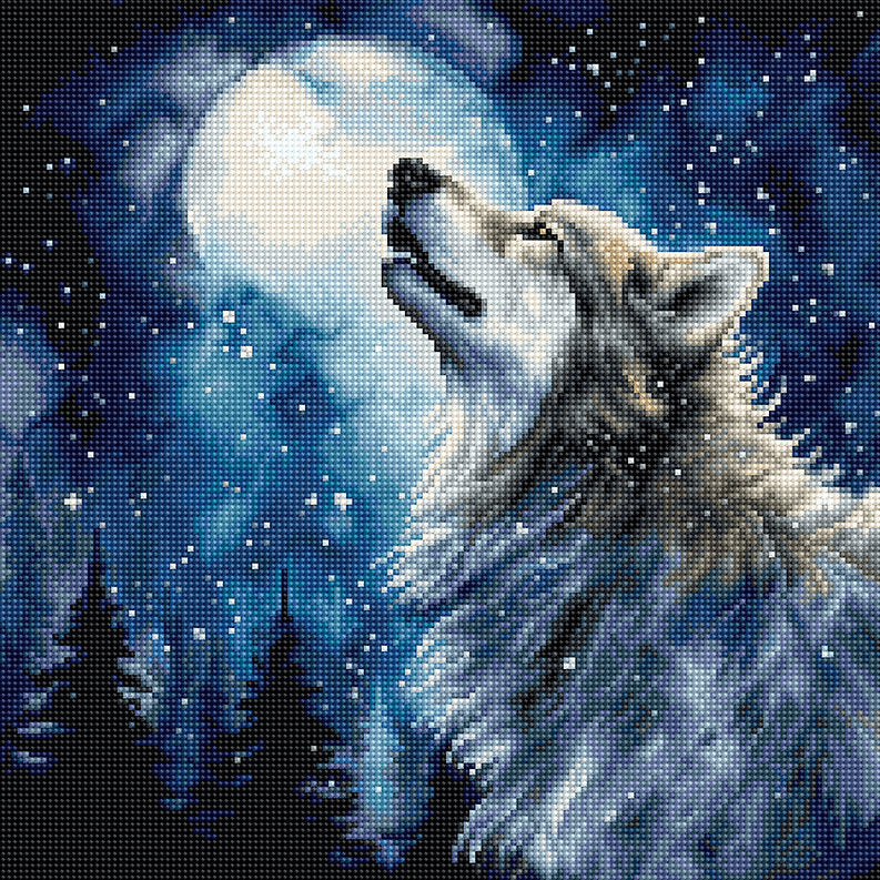 Kit de punto de cruz "Midnight Snowfall" de Letistitch con diseño de un lobo blanco y gris en un bosque nevado bajo la luna llena.