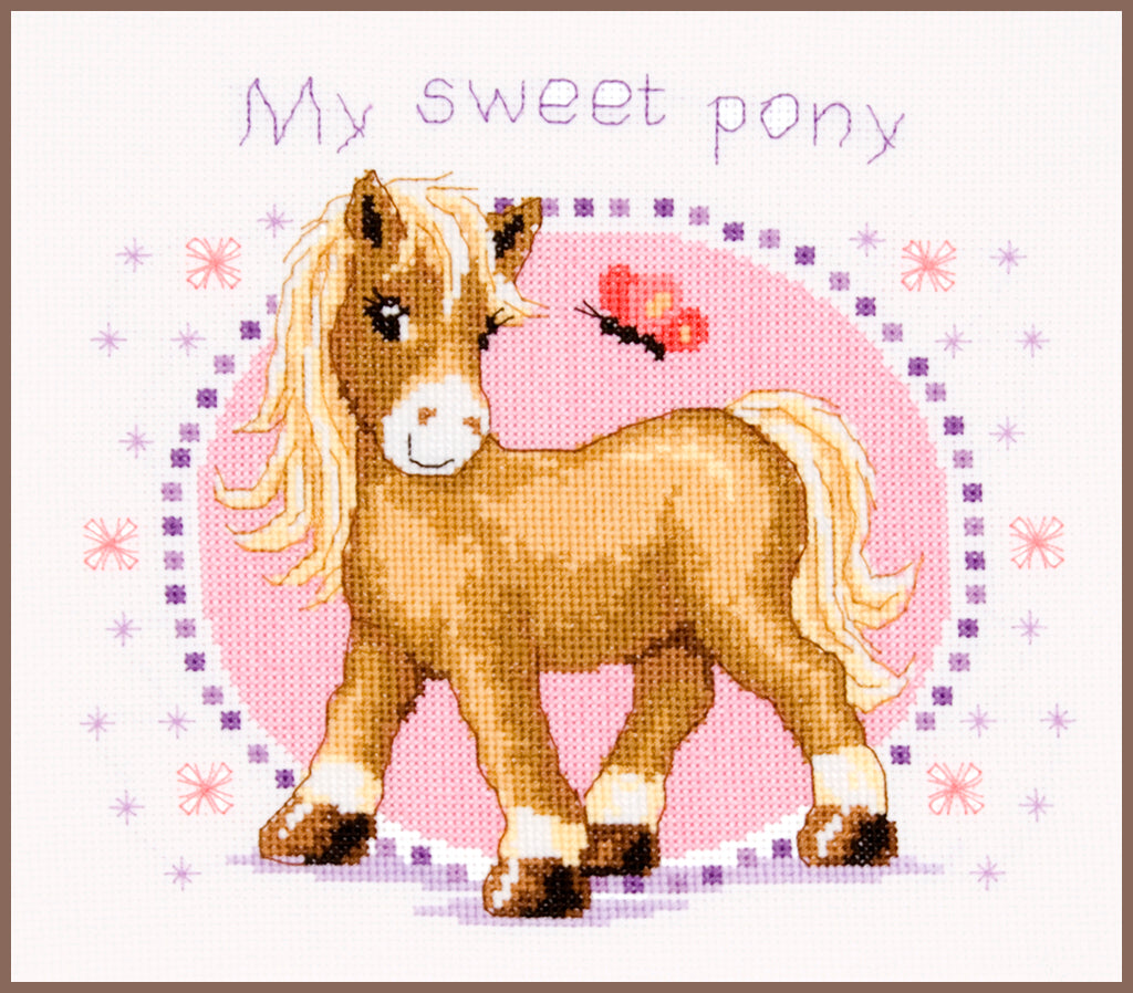 Kit punto de cruz poni castaño My Sweet Pony sobre fondo rosa con cenefa lila – Vervaco PN-0146214