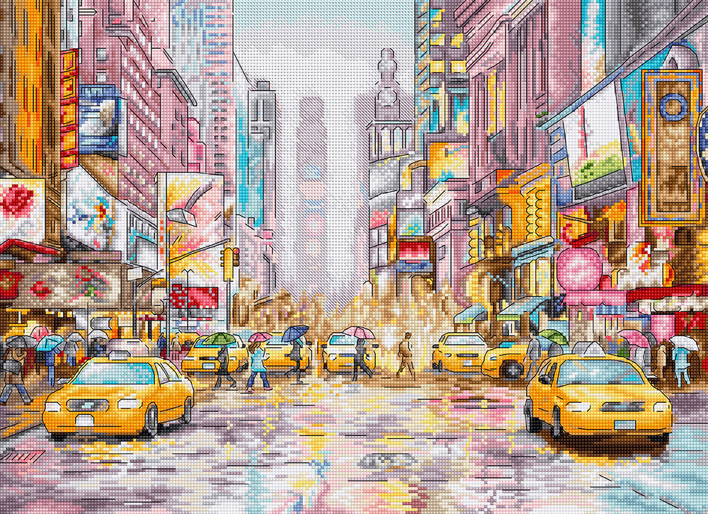 Kit de punto de cruz Letistitch con diseño de Times Square, mostrando gente cruzando la calle, edificios con carteles luminosos y taxis de Nueva York.