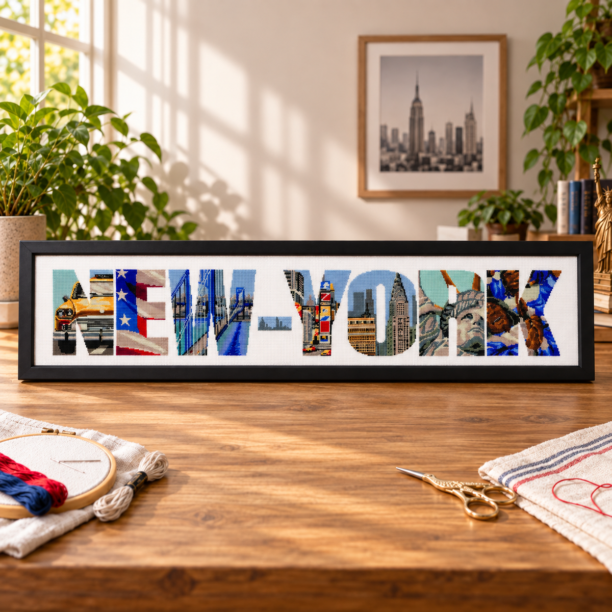 Kit de punto de cruz Nueva York de Marie Coeur con la palabra New-York formada por símbolos de la ciudad