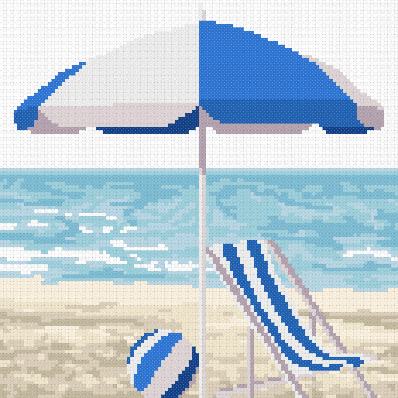 Kit de punto de cruz Orilla del Mar en Azul de Marie Coeur con tumbona azul, sombrilla, pelota de playa y paisaje costero.