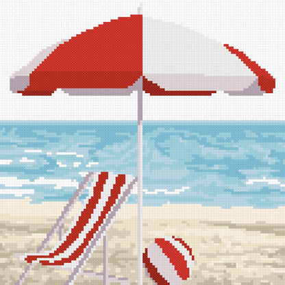 Kit de punto de cruz Orilla del Mar en Rojo de Marie Coeur con tumbona roja, sombrilla, pelota de playa y paisaje costero.