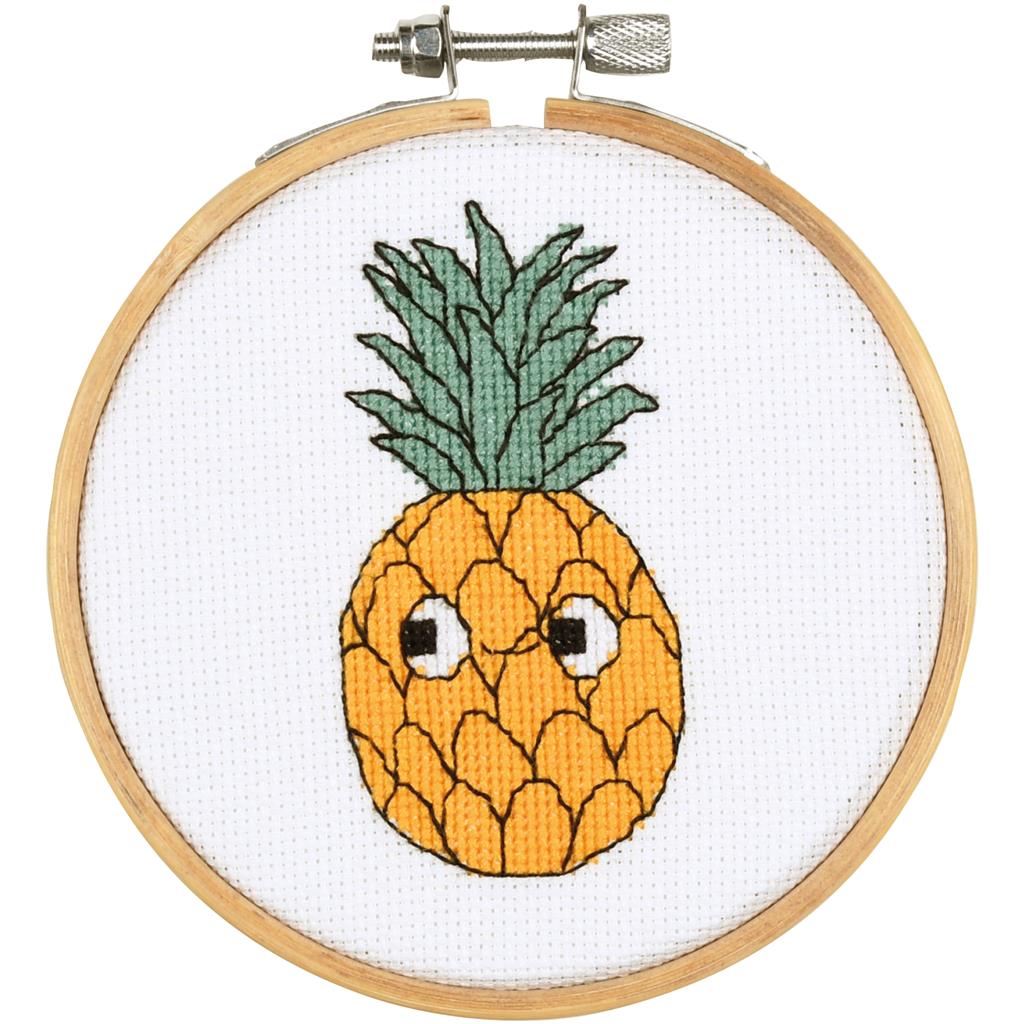 Kit de punto de cruz Piña de Vervaco con bastidor de bambú incluido, tela Aida, hilos DMC y patrón fácil para principiantes