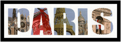 Kit de punto de cruz París de Marie Coeur con diseño panorámico de monumentos franceses como la Torre Eiffel, Moulin Rouge y Arco del Triunfo.
